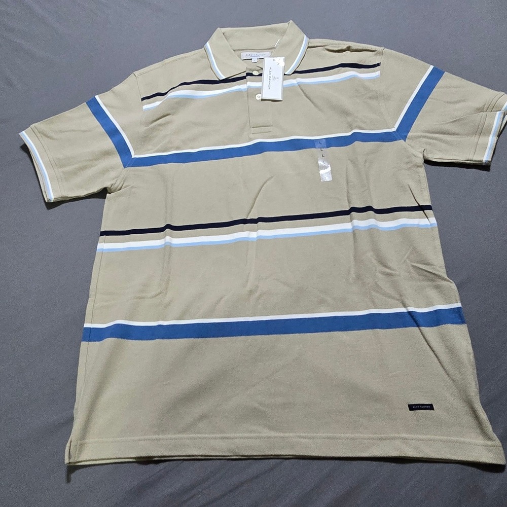 Alex Cannon Polo Shirt Mens Large Tan Blue Striped Short Sleeve 100% Cotton NWT‎